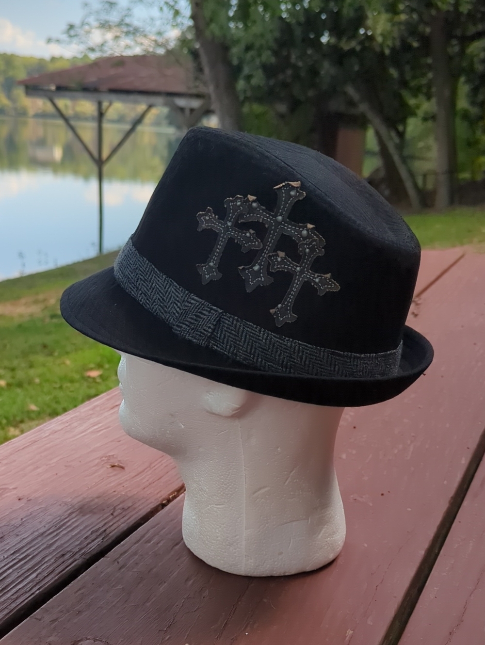 Black Goth Cross Embellished Trilby Gangster Fedora Hat